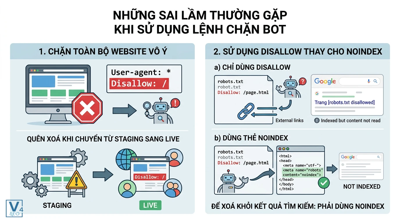 sai-lam-khi-dung-rule-disallow-robots-txt So sánh hai sai lầm phổ biến khi dùng rule disallow là chặn toàn bộ web vô ý và dùng sai thay cho thẻ noindex.