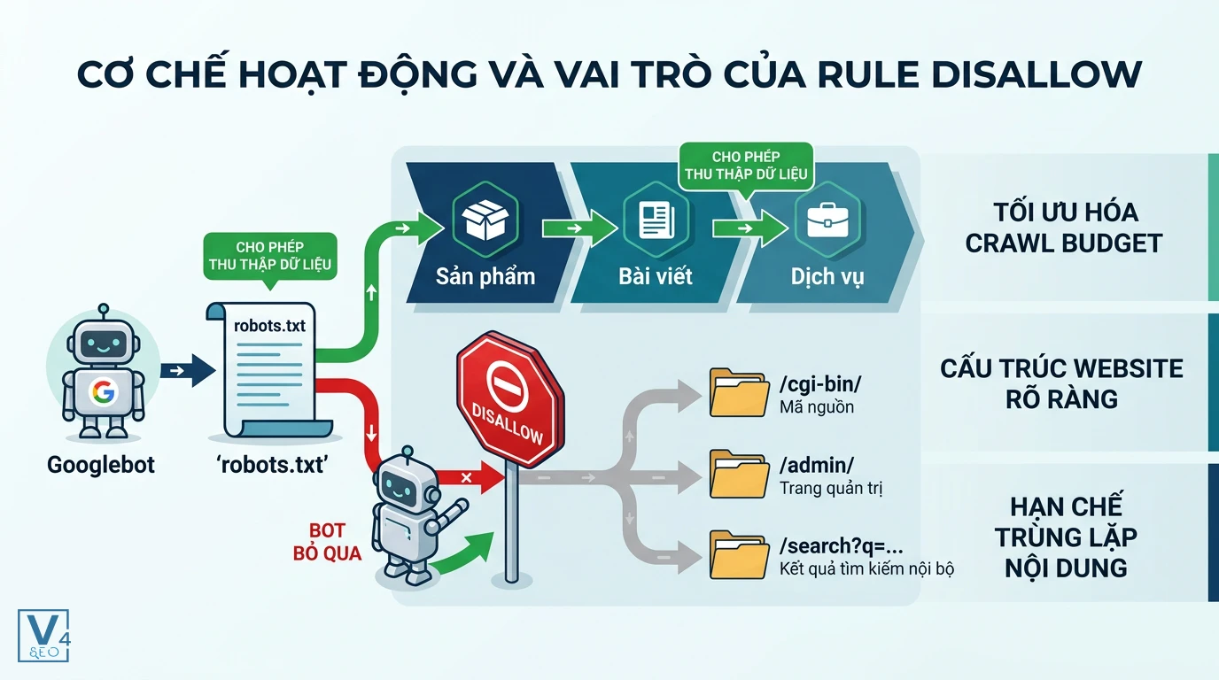 co-che-hoat-dong-rule-disallow-robots-txt Sơ đồ giải thích rule disallow là gì giúp điều hướng Googlebot bỏ qua các thư mục quản trị và tối ưu crawl budget.