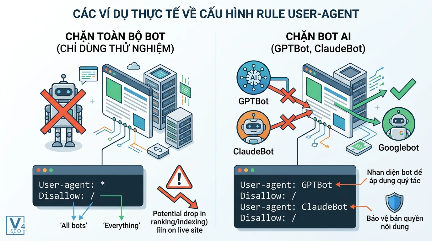 cau-hinh-rule-user-agent-robots-txt So sánh cấu hình rule user-agent để chặn toàn bộ bot thử nghiệm và chặn riêng biệt các bot AI như GPTBot hay ClaudeBot.
