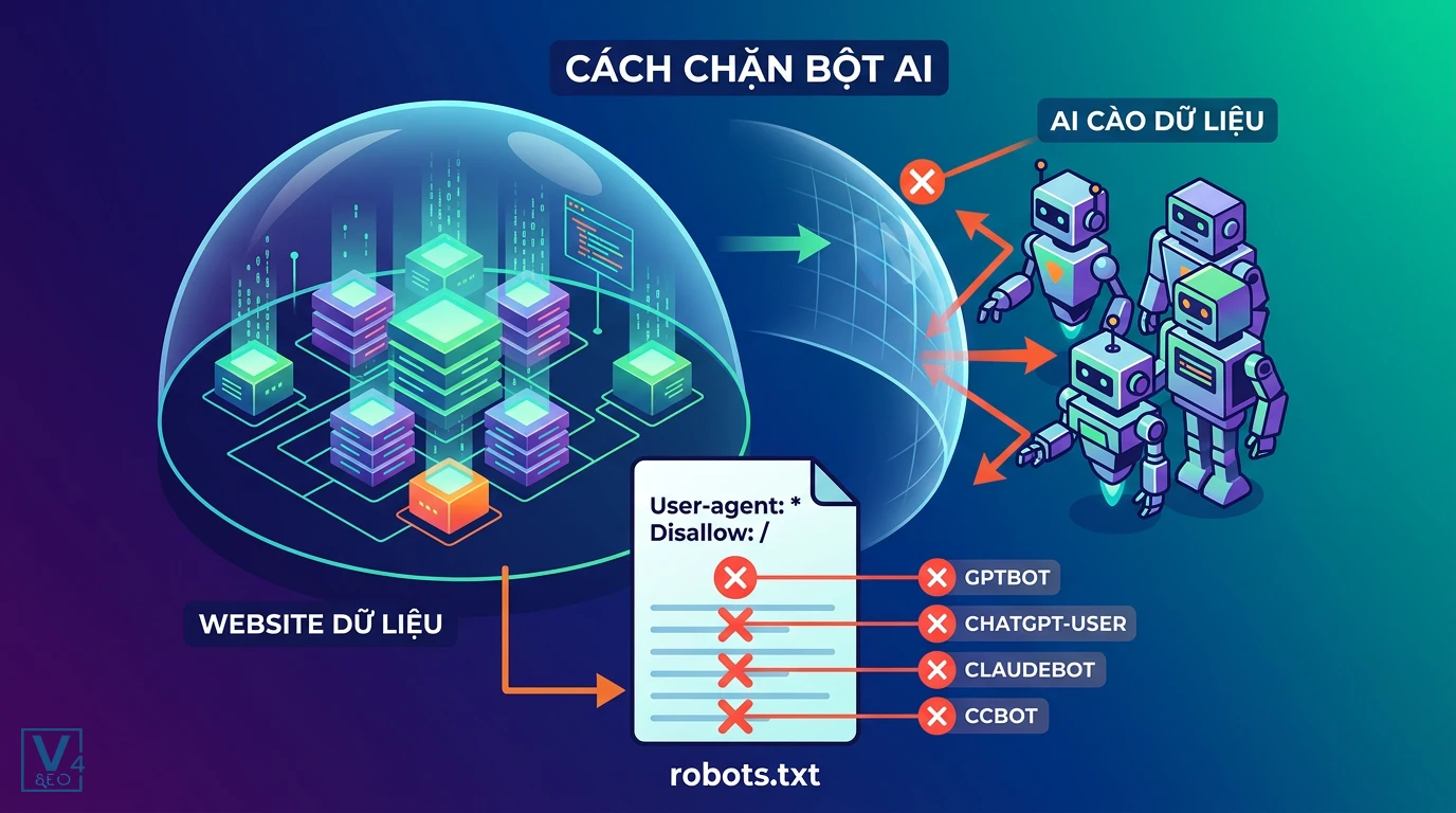 chan-bot-ai-bang-robots-txt Mô hình chặn bot AI cào dữ liệu website bằng cách khai báo rule user-agent disallow trong file robots.txt