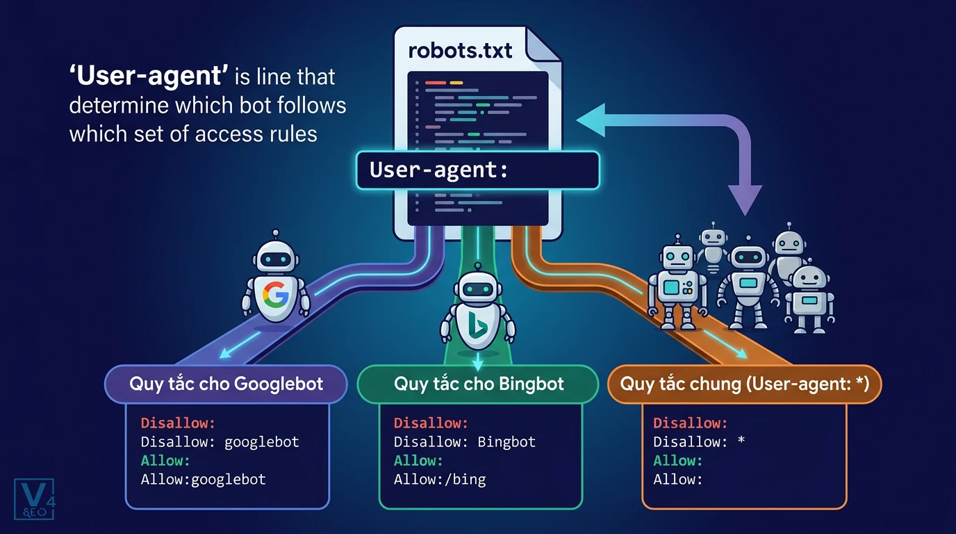 khai-niem-rule-user-agent-robots-txt Sơ đồ giải thích rule User-agent là gì giúp phân luồng quy tắc robots.txt cho Googlebot, Bingbot và các bot khác.