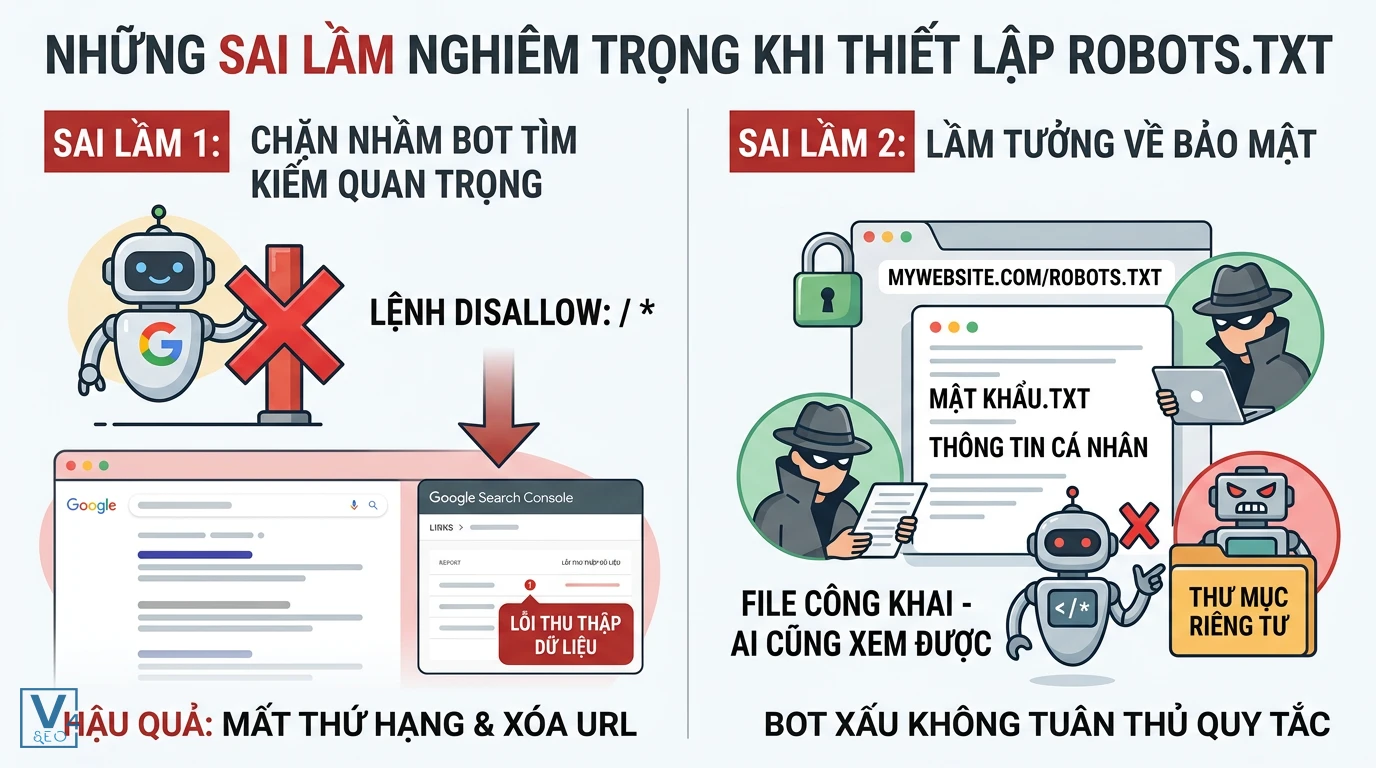 sai-lam-cau-hinh-robots-txt Hai sai lầm phổ biến khi cấu hình robots.txt gồm chặn nhầm Googlebot và lầm tưởng về tính bảo mật của file.