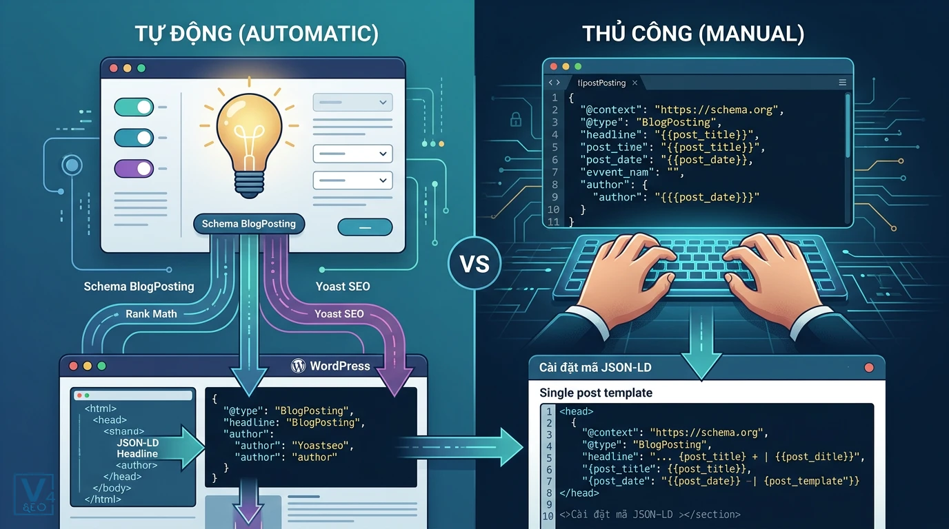 phuong-phap-trien-khai-schema-blogposting So sánh hai phương pháp triển khai schema BlogPosting tự động qua plugin và chèn mã JSON-LD thủ công