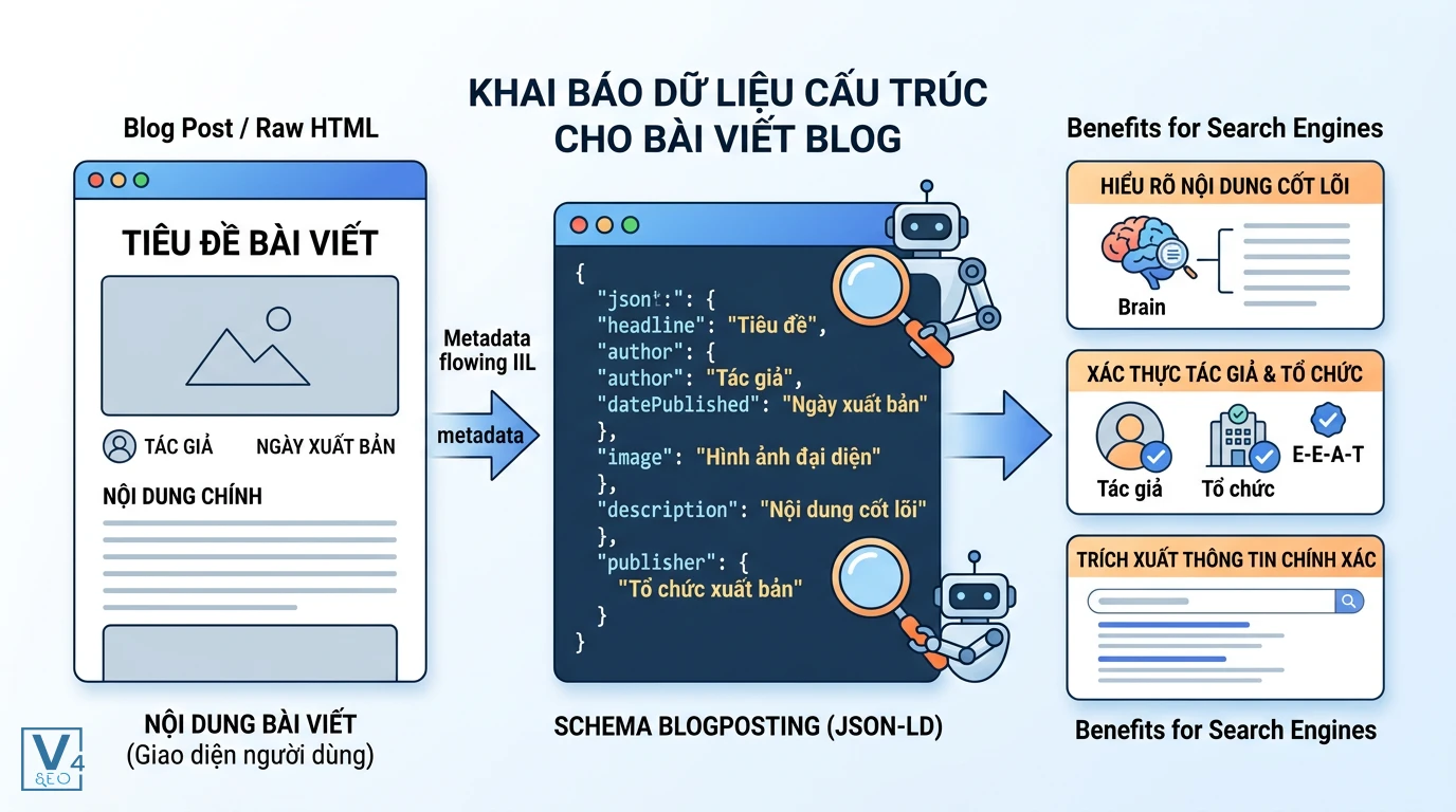 co-che-hoat-dong-schema-blogposting Sơ đồ chuyển đổi nội dung bài viết HTML thành mã JSON-LD của schema BlogPosting giúp công cụ tìm kiếm hiểu rõ dữ liệu