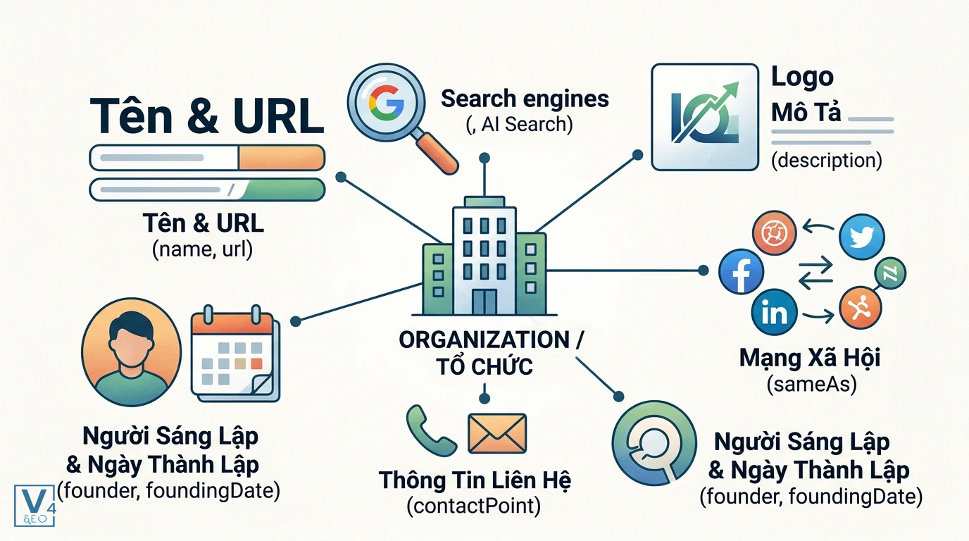 cac-thuoc-tinh-schema-organization Sơ đồ liên kết các thuộc tính cốt lõi của schema Organization giúp tối ưu hóa dữ liệu doanh nghiệp cho AI Search.