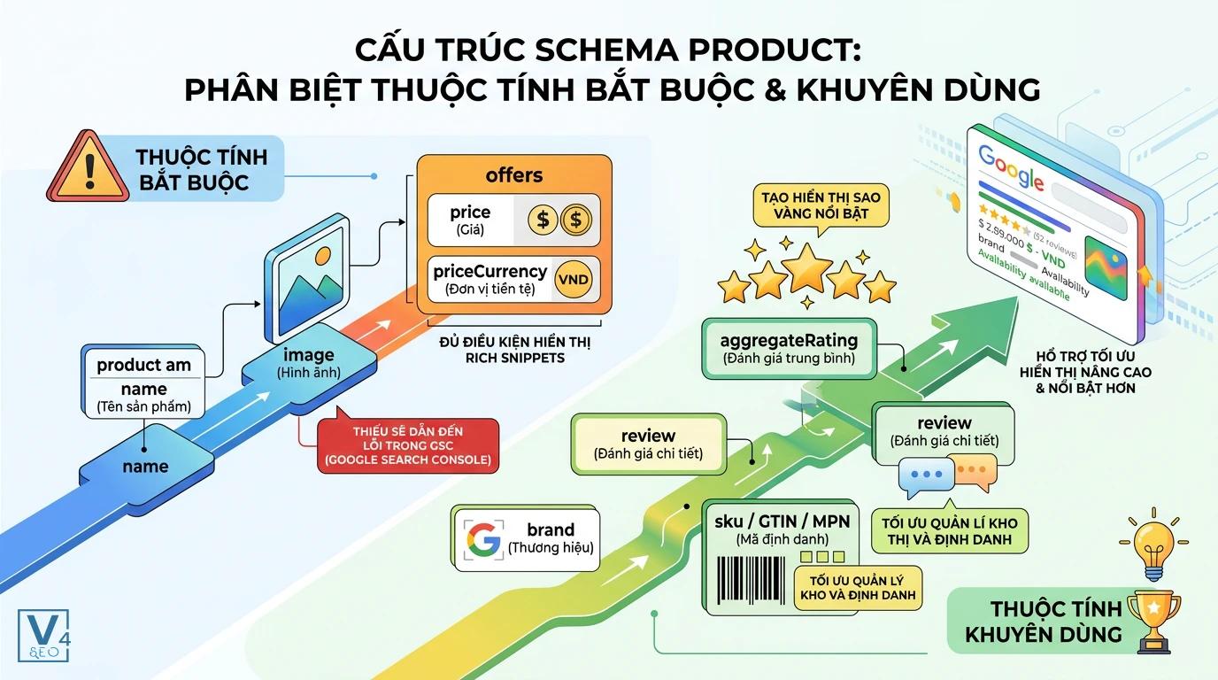 phan-biet-thuoc-tinh-schema-product Sơ đồ phân biệt thuộc tính bắt buộc và khuyên dùng khi tối ưu cấu trúc schema product cho website.