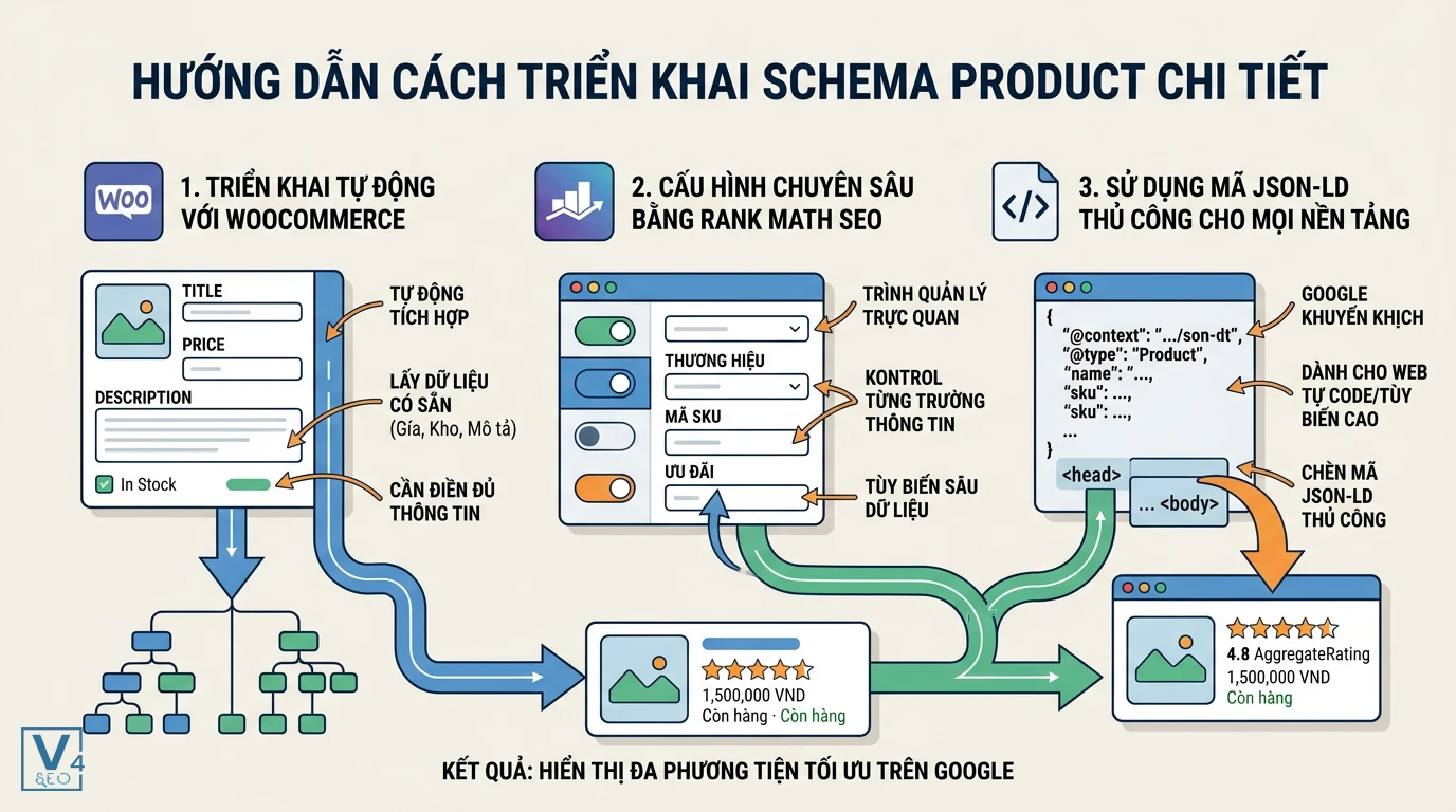 cac-cach-trien-khai-schema-product Ba phương pháp triển khai schema Product gồm tự động qua WooCommerce, cấu hình bằng Rank Math và chèn mã JSON-LD thủ công.