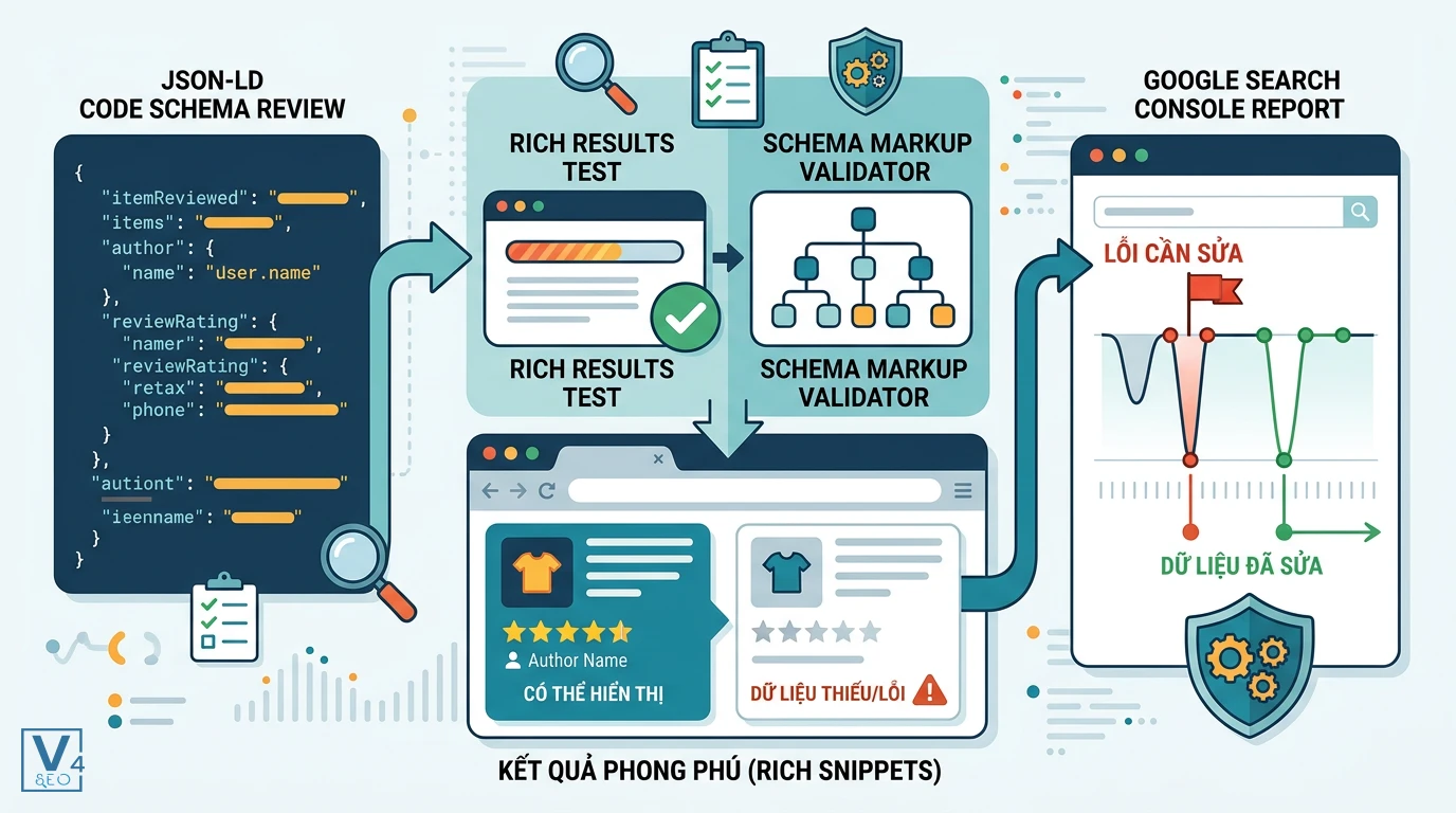 quy-trinh-kiem-tra-schema-review Quy trình kiểm tra tính hợp lệ của schema review từ bước viết code JSON-LD đến xác thực và theo dõi lỗi trên Google Search Console.