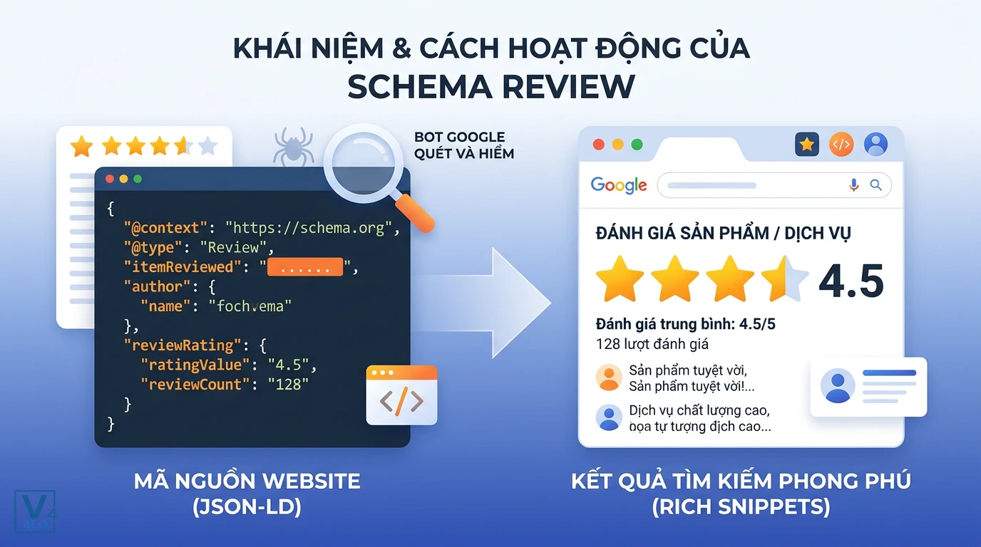 co-che-hoat-dong-schema-review Quy trình bot Google quét mã JSON-LD để hiển thị kết quả đánh giá sao Rich Snippets trên SERP.