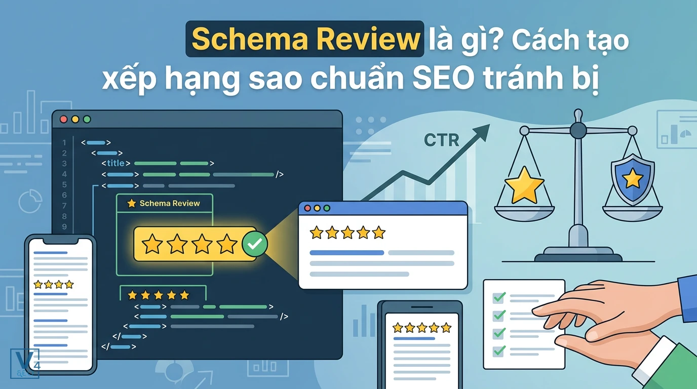 Mô hình tối ưu hóa Schema Review chuẩn SEO giúp hiển thị xếp hạng sao trên kết quả tìm kiếm an toàn và tăng CTR