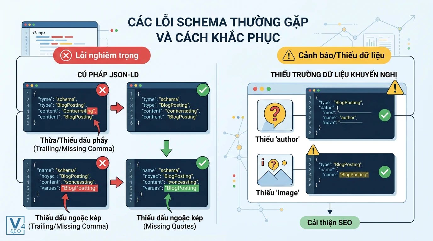 cac-loi-schema-thuong-gap Phân biệt lỗi cú pháp JSON-LD nghiêm trọng và cảnh báo thiếu trường dữ liệu khuyến nghị khi kiểm tra Schema.