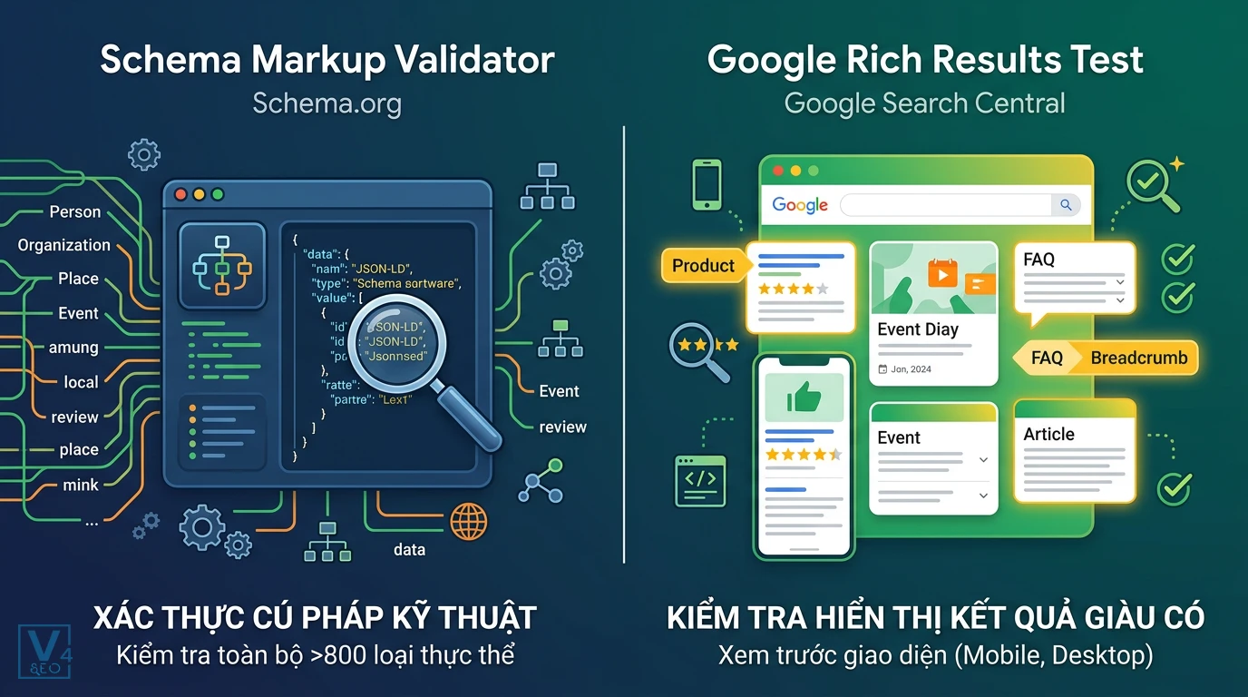 so-sanh-schema-validator-va-google-rich-results-test So sánh tính năng xác thực cú pháp của Schema Validator và kiểm tra hiển thị kết quả giàu có của Google Rich Results Test.