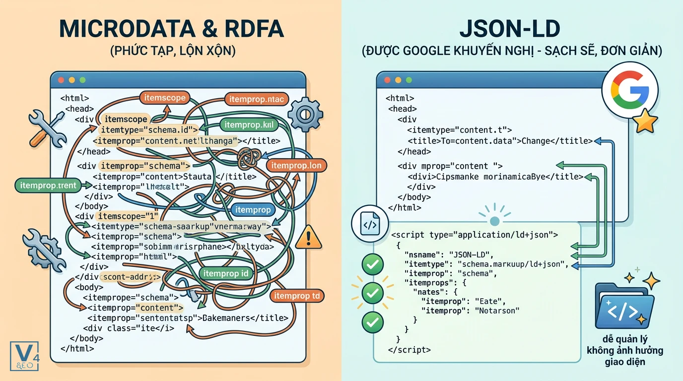 So sánh JSON-LD với Microdata và RDFa So sánh định dạng JSON-LD sạch sẽ, dễ quản lý với Microdata và RDFa phức tạp khi tối ưu Schema cho SEO.