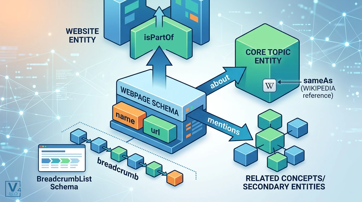cau-truc-thuoc-tinh-webpage-schema Mô hình kết nối các thuộc tính cốt lõi của WebPage Schema như isPartOf, about, mentions và breadcrumb trong Entity SEO.