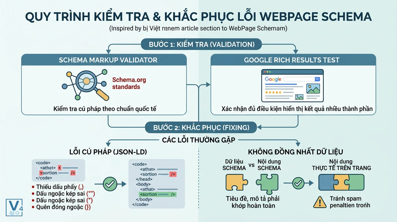 quy-trinh-kiem-tra-khac-phuc-loi-schema Sơ đồ quy trình kiểm tra cú pháp và khắc phục lỗi không đồng nhất dữ liệu cho WebPage Schema.