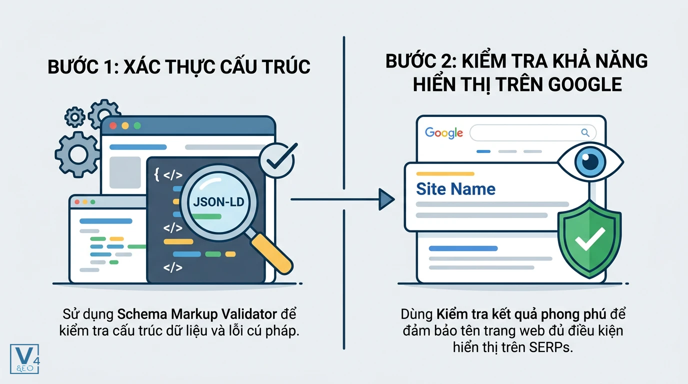 quy-trinh-kiem-tra-schema-website Quy trình hai bước kiểm tra cấu trúc dữ liệu và xác thực khả năng hiển thị Site Name của schema WebSite trên Google.