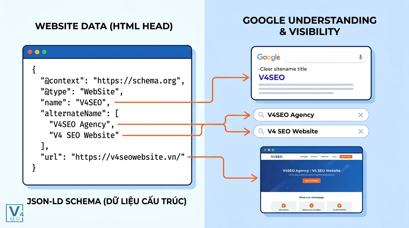 so-do-hoat-dong-schema-website Sơ đồ chuyển đổi từ mã JSON-LD Schema WebSite sang cách hiển thị tên thương hiệu và URL trên kết quả tìm kiếm Google.