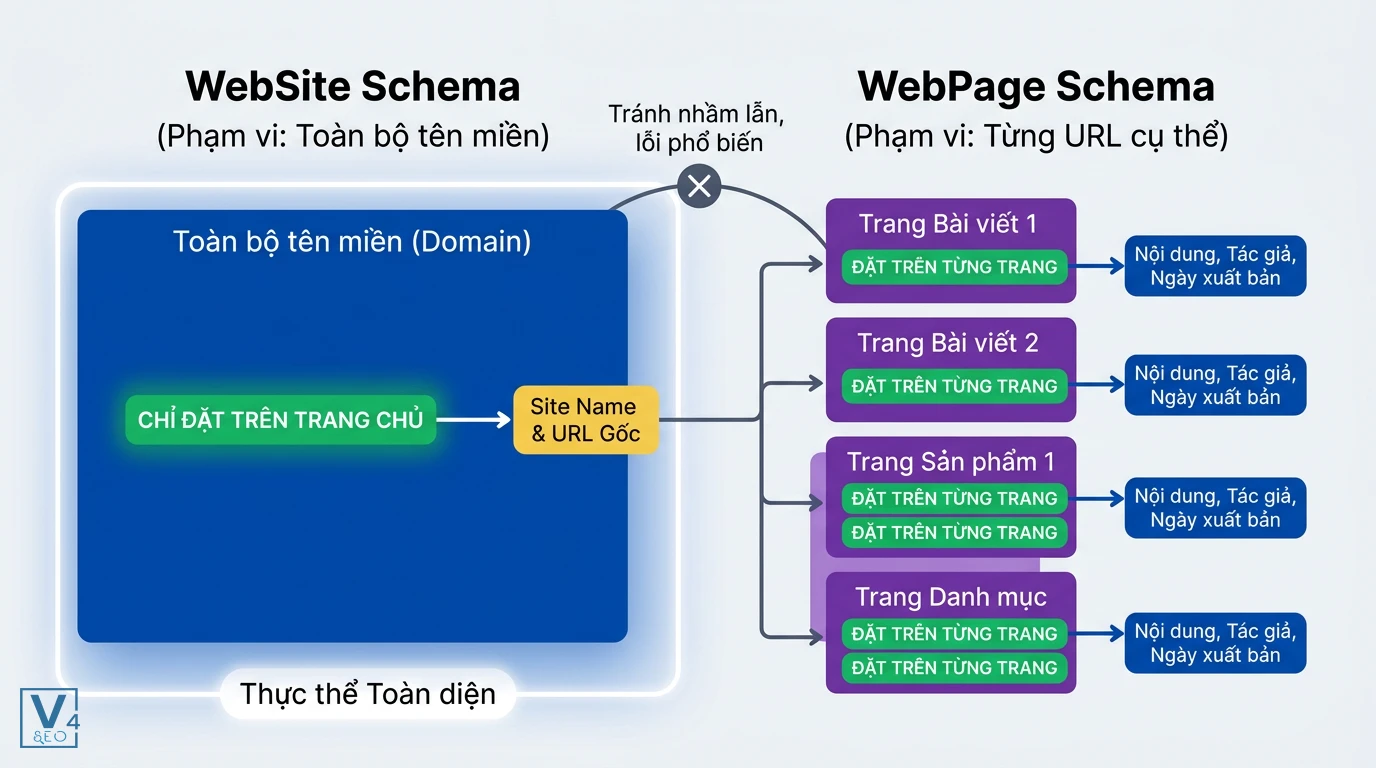 Phân biệt WebSite Schema và WebPage Schema Sơ đồ phân biệt phạm vi áp dụng của WebSite Schema cho toàn bộ tên miền và WebPage Schema cho từng URL cụ thể.