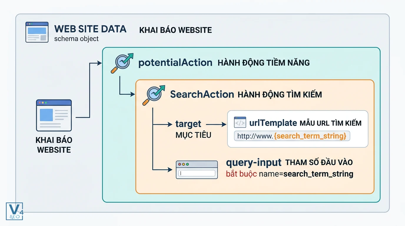 cau-truc-du-lieu-searchaction-website-schema Sơ đồ phân cấp cấu trúc dữ liệu SearchAction lồng trong WebSite Schema với các thuộc tính target và query-input.