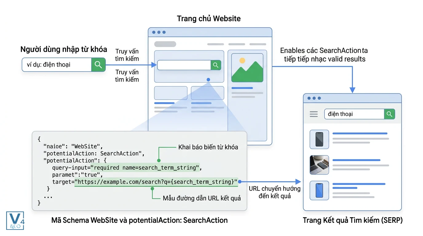 co-che-hoat-dong-cua-searchaction-schema Sơ đồ mô tả cách SearchAction là gì giúp kết nối truy vấn tìm kiếm của người dùng với mã Schema WebSite để trả về kết quả.