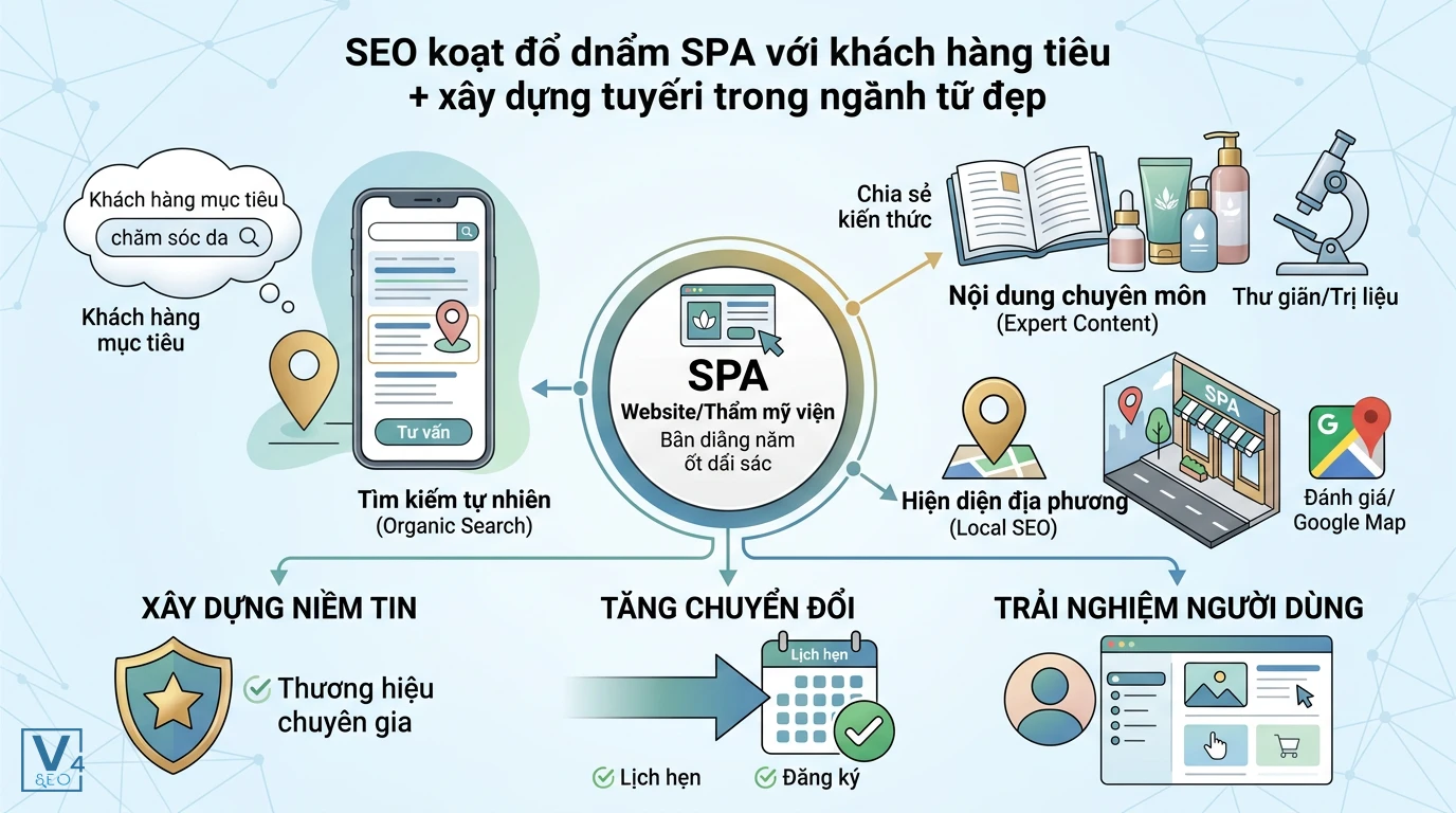 quy-trinh-seo-cho-spa-hieu-qua Sơ đồ quy trình SEO cho SPA giúp kết nối khách hàng mục tiêu qua tìm kiếm tự nhiên, nội dung chuyên môn và Local SEO.