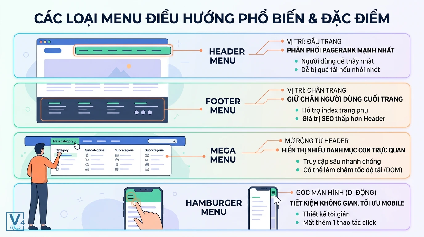 cac-loai-menu-dieu-huong-website So sánh ưu nhược điểm các loại SEO menu điều hướng phổ biến như Header, Footer, Mega và Hamburger menu trên website.