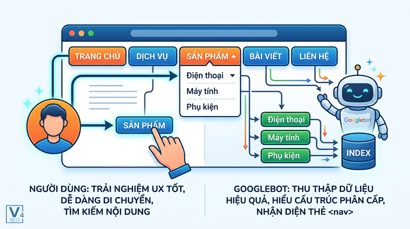 vai-tro-seo-menu-dieu-huong Mô hình SEO menu điều hướng giúp tối ưu trải nghiệm người dùng UX và hỗ trợ Googlebot thu thập dữ liệu website