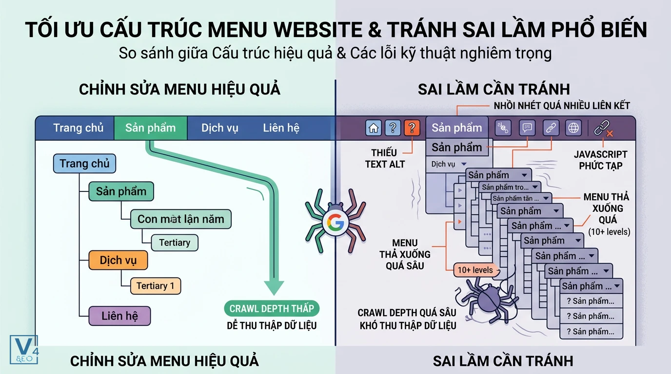 so-sanh-cau-truc-menu-dieu-huong-seo So sánh cấu trúc menu điều hướng chuẩn SEO giúp bot dễ thu thập dữ liệu với menu lỗi gây cản trở Googlebot.