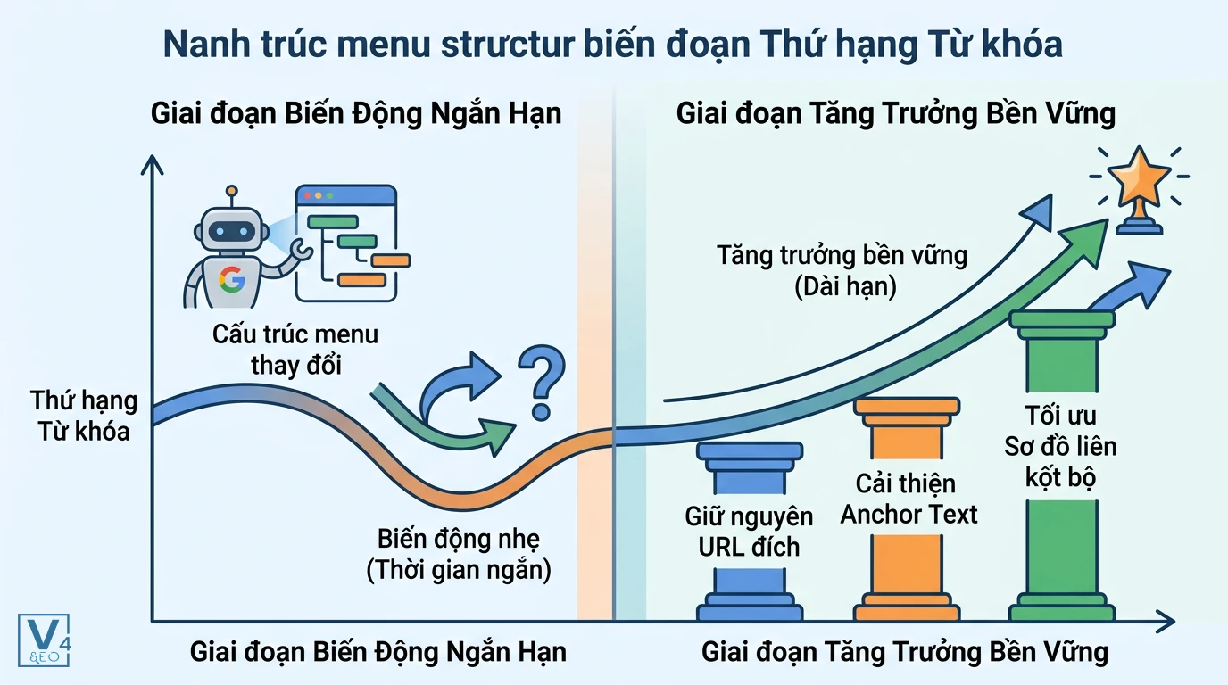 anh-huong-thay-doi-menu-den-thu-hang-tu-khoa Biểu đồ so sánh biến động từ khóa ngắn hạn và tăng trưởng dài hạn khi thay đổi cấu trúc SEO menu điều hướng.