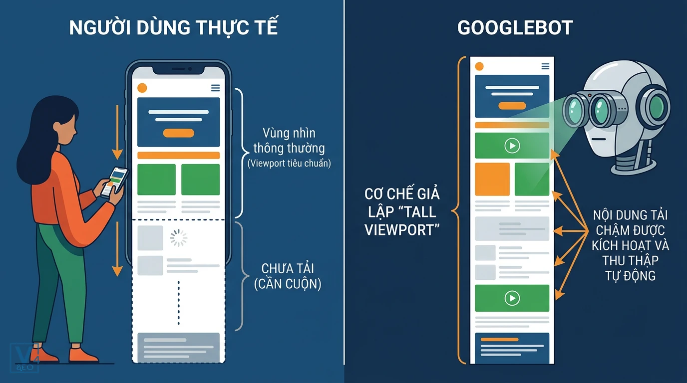 co-che-googlebot-xu-ly-lazy-load So sánh cách người dùng cuộn trang và cơ chế giả lập Tall Viewport của Googlebot để thu thập SEO nội dung lazy-load là gì
