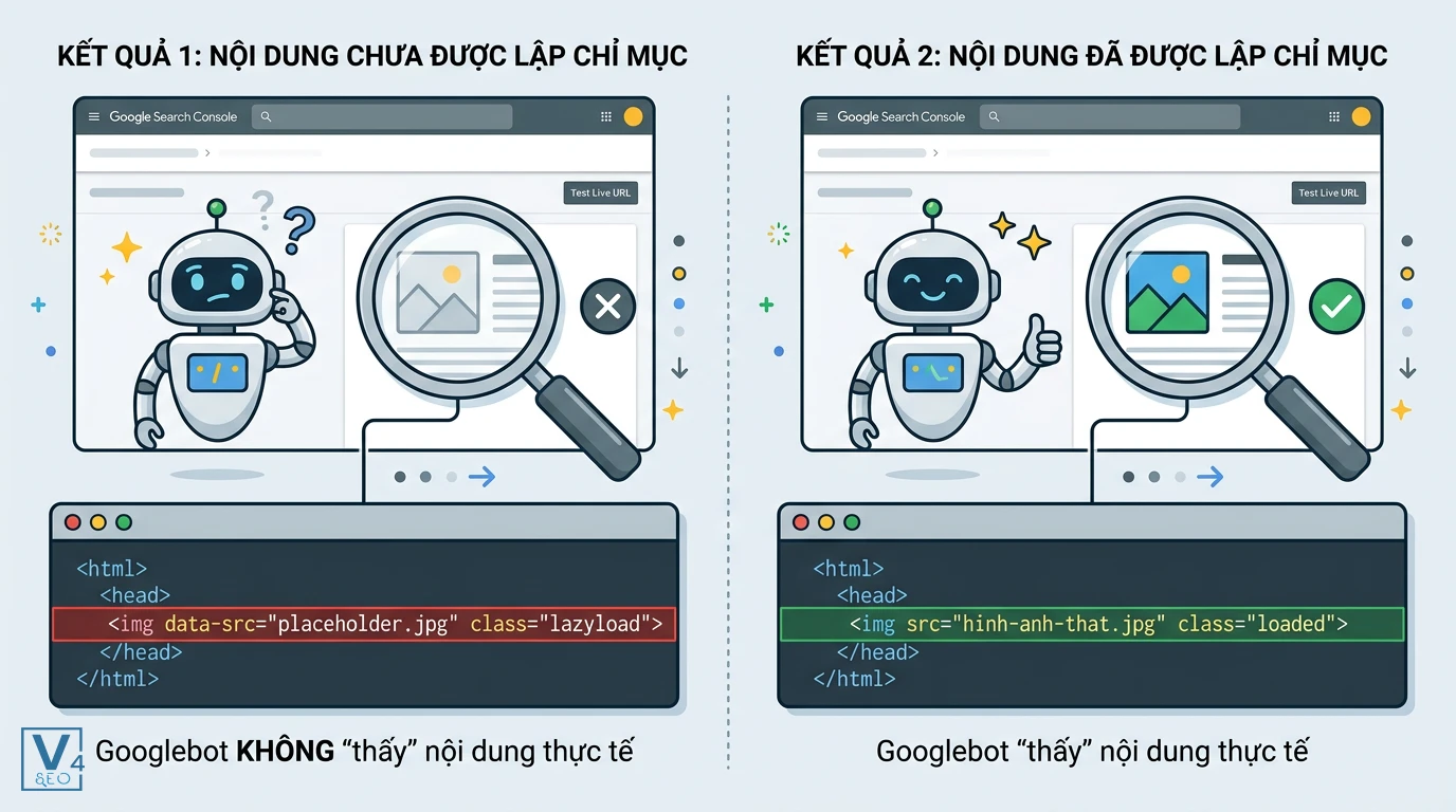 kiem-tra-lap-chi-muc-lazy-load So sánh mã HTML khi Googlebot không nhận diện được và khi đã lập chỉ mục thành công nội dung lazy-load.