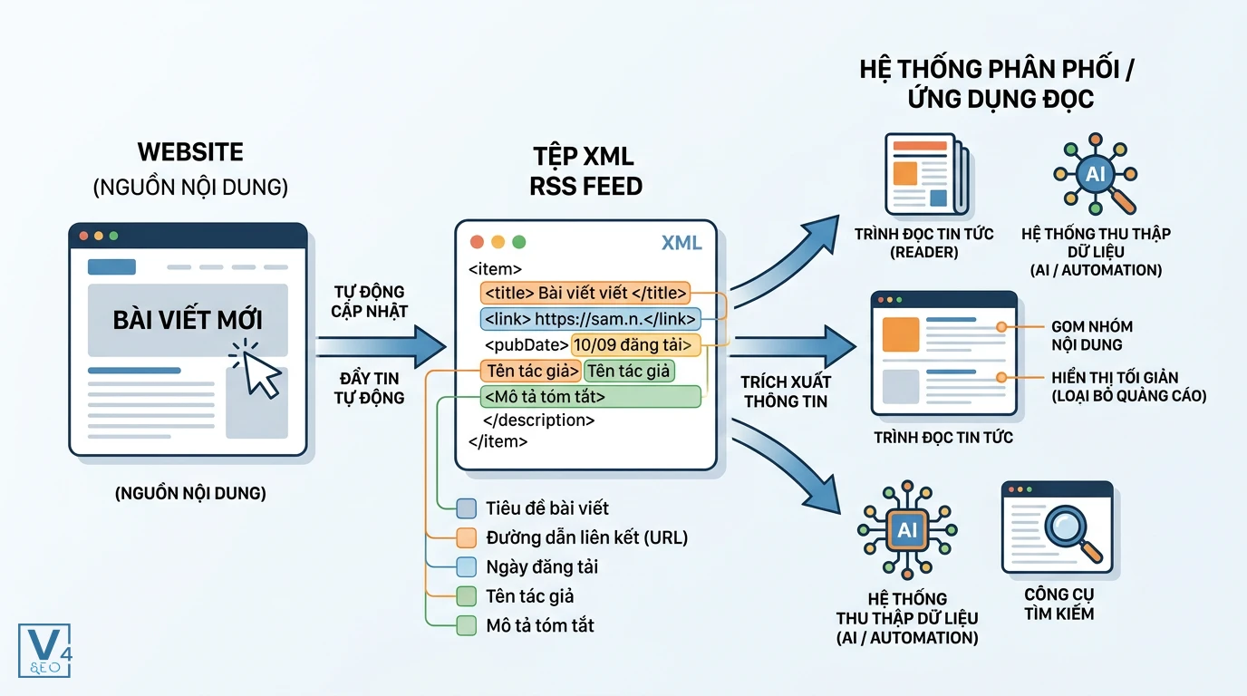 co-che-hoat-dong-rss-feed Sơ đồ cơ chế hoạt động của SEO RSS feed là gì từ website nguồn qua tệp XML đến các ứng dụng đọc tin và hệ thống AI.