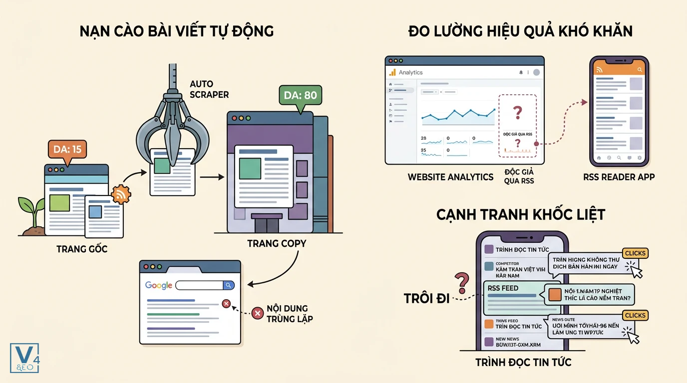 rui-ro-han-che-khi-dung-rss-feed Ba rủi ro chính khi dùng RSS Feed gồm nạn cào bài viết tự động, khó đo lường hiệu quả và cạnh tranh khốc liệt.
