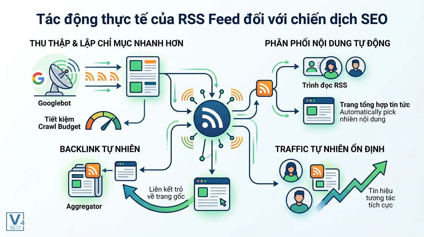 vai-tro-seo-rss-feed Sơ đồ minh họa vai trò của SEO RSS feed là gì trong việc tăng tốc index, tối ưu crawl budget và thu hút backlink tự nhiên.