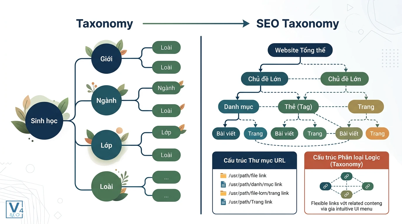 nguon-goc-va-cau-truc-seo-taxonomy So sánh nguồn gốc phân loại sinh học với cấu trúc SEO taxonomy và phân biệt thư mục URL vật lý với phân loại logic.