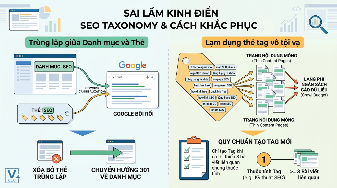 sai-lam-seo-taxonomy-va-cach-khac-phuc Sơ đồ so sánh hai sai lầm phổ biến khi làm SEO taxonomy gồm trùng lặp danh mục với thẻ và lạm dụng thẻ tag vô tội vạ.