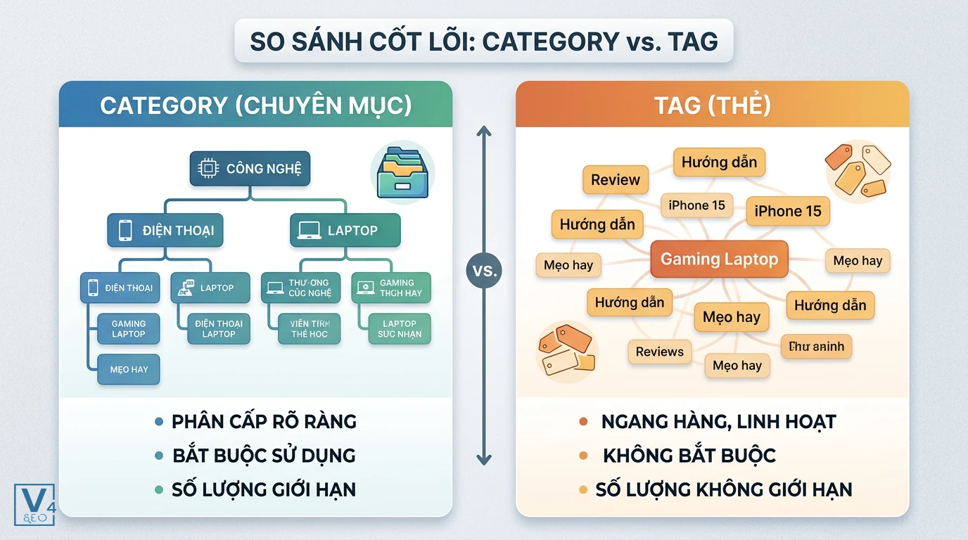 so-sanh-category-va-tag-trong-seo-taxonomy Sự khác biệt giữa cấu trúc phân cấp của Category và tính liên kết ngang hàng của Tag trong SEO taxonomy.