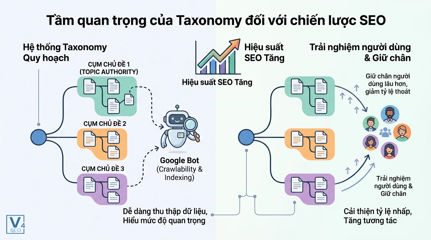 vai-tro-cua-seo-taxonomy Sơ đồ phân tích vai trò của SEO taxonomy là gì trong việc tối ưu hóa bot tìm kiếm và giữ chân người dùng.
