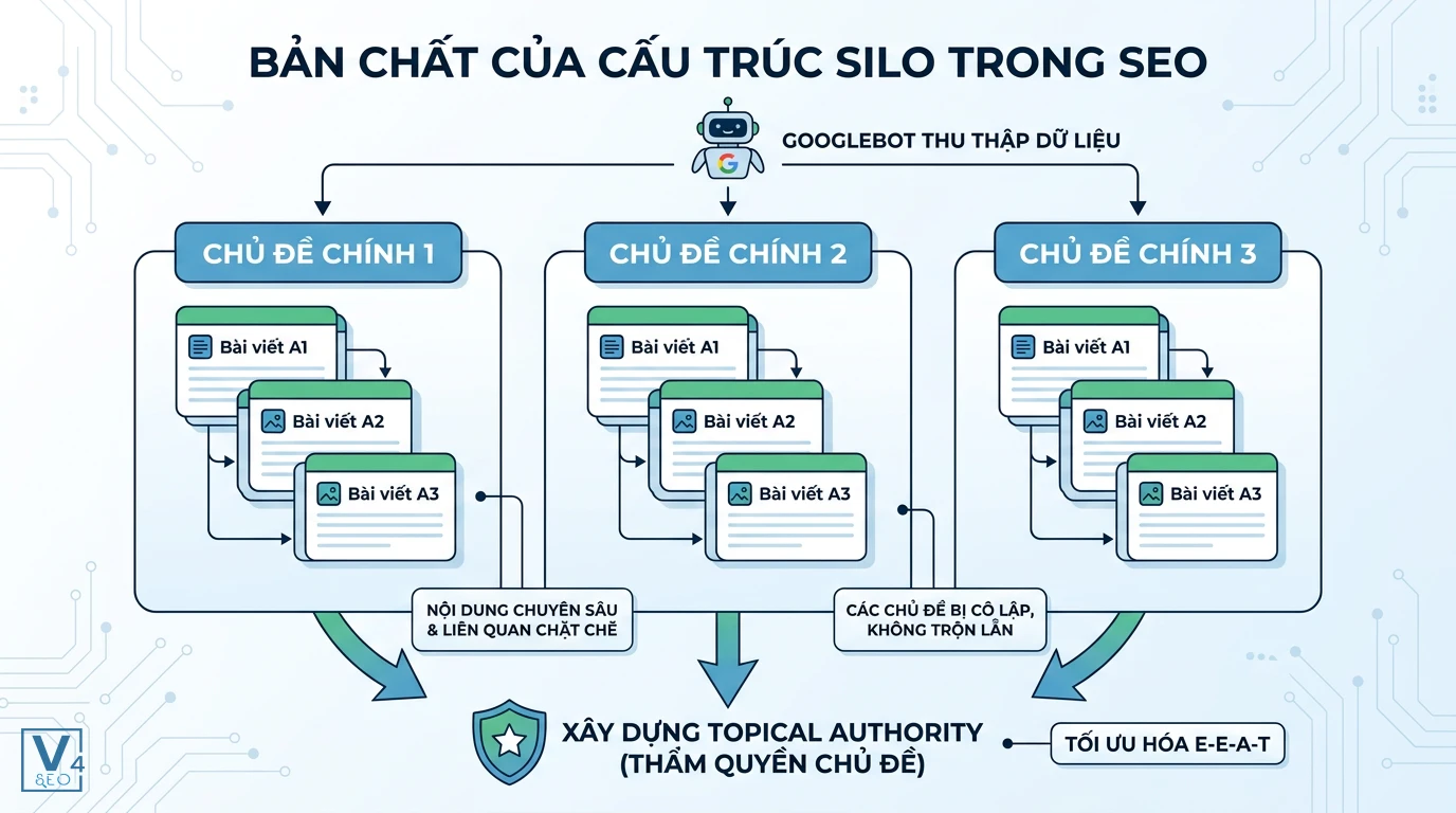 ban-chat-cau-truc-silo-seo Mô hình phân chia nội dung website thành các nhóm chủ đề độc lập giúp Googlebot dễ dàng thu thập dữ liệu.