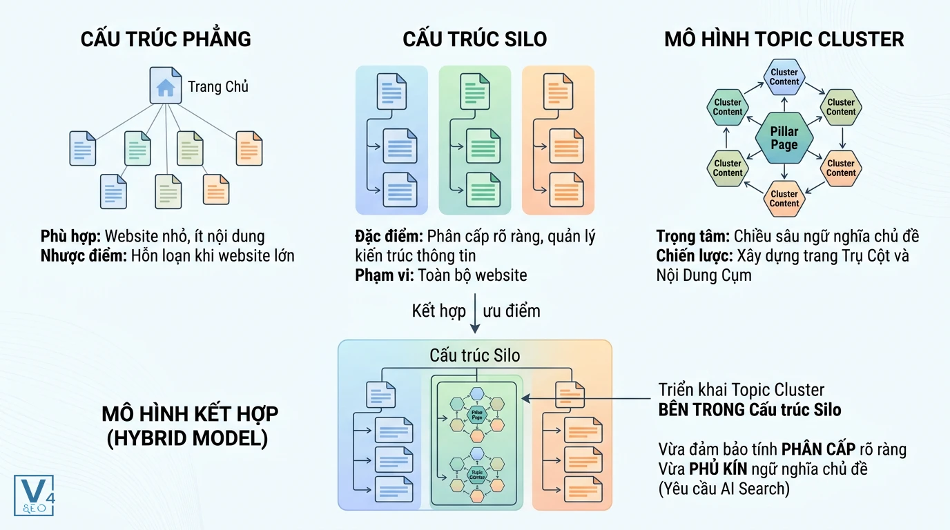 so-sanh-cau-truc-silo-va-topic-cluster So sánh cấu trúc phẳng, cấu trúc Silo, Topic Cluster và mô hình kết hợp tối ưu cho SEO website