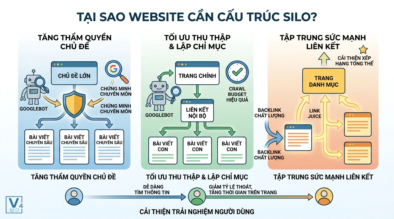 loi-ich-cua-cau-truc-silo-cho-website Lợi ích của cấu trúc silo là gì trong việc tăng thẩm quyền chủ đề, tối ưu thu thập dữ liệu và phân bổ liên kết.