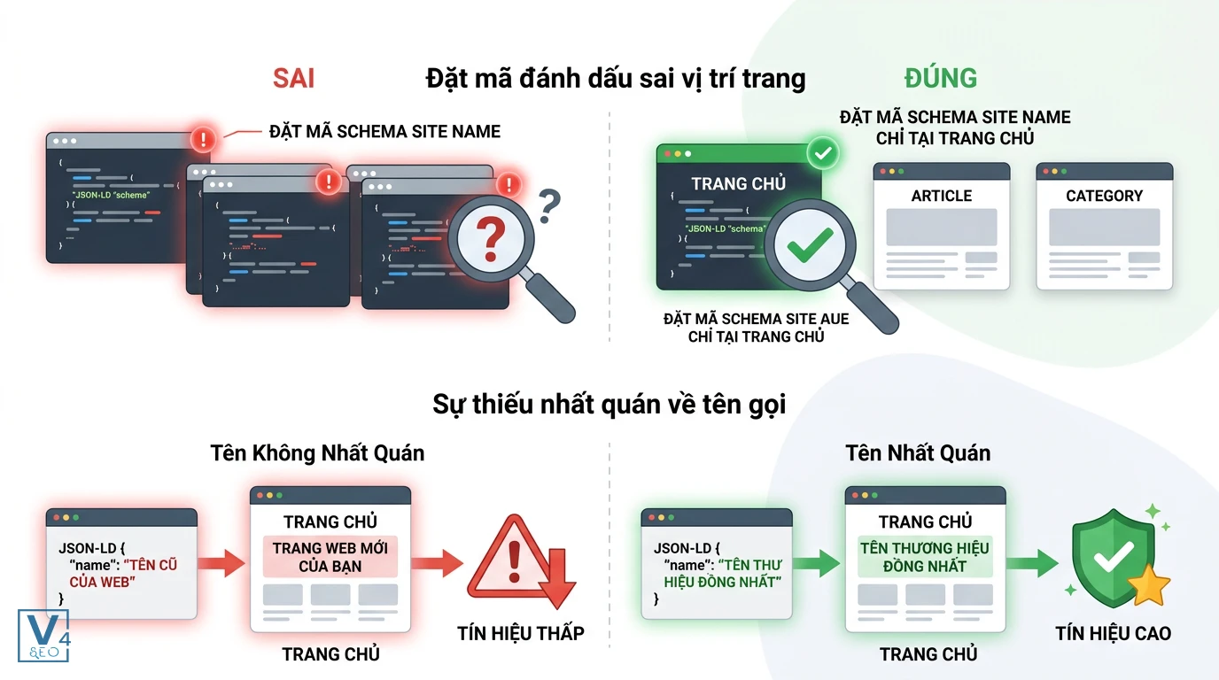 cac-loi-khi-thiet-lap-site-name-structured-data So sánh cách đặt mã schema site name đúng và sai về vị trí trang và sự nhất quán tên gọi.