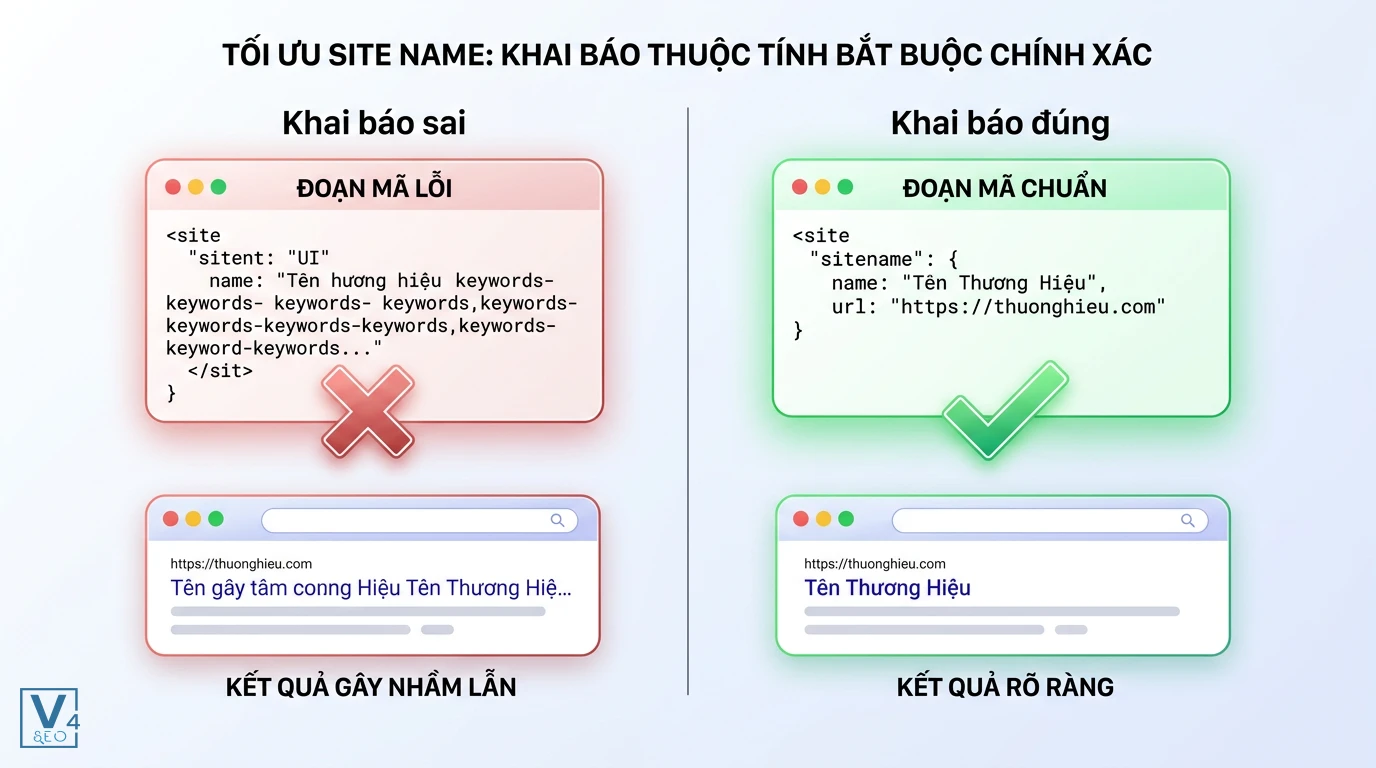 Khai báo site name structured data chuẩn So sánh cách khai báo site name structured data đúng và sai khi thiết lập thuộc tính bắt buộc.