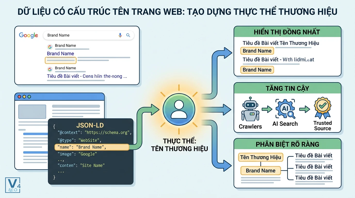 vai-tro-site-name-structured-data Sơ đồ giải thích vai trò của site name structured data trong việc định danh thực thể thương hiệu trên Google Search.