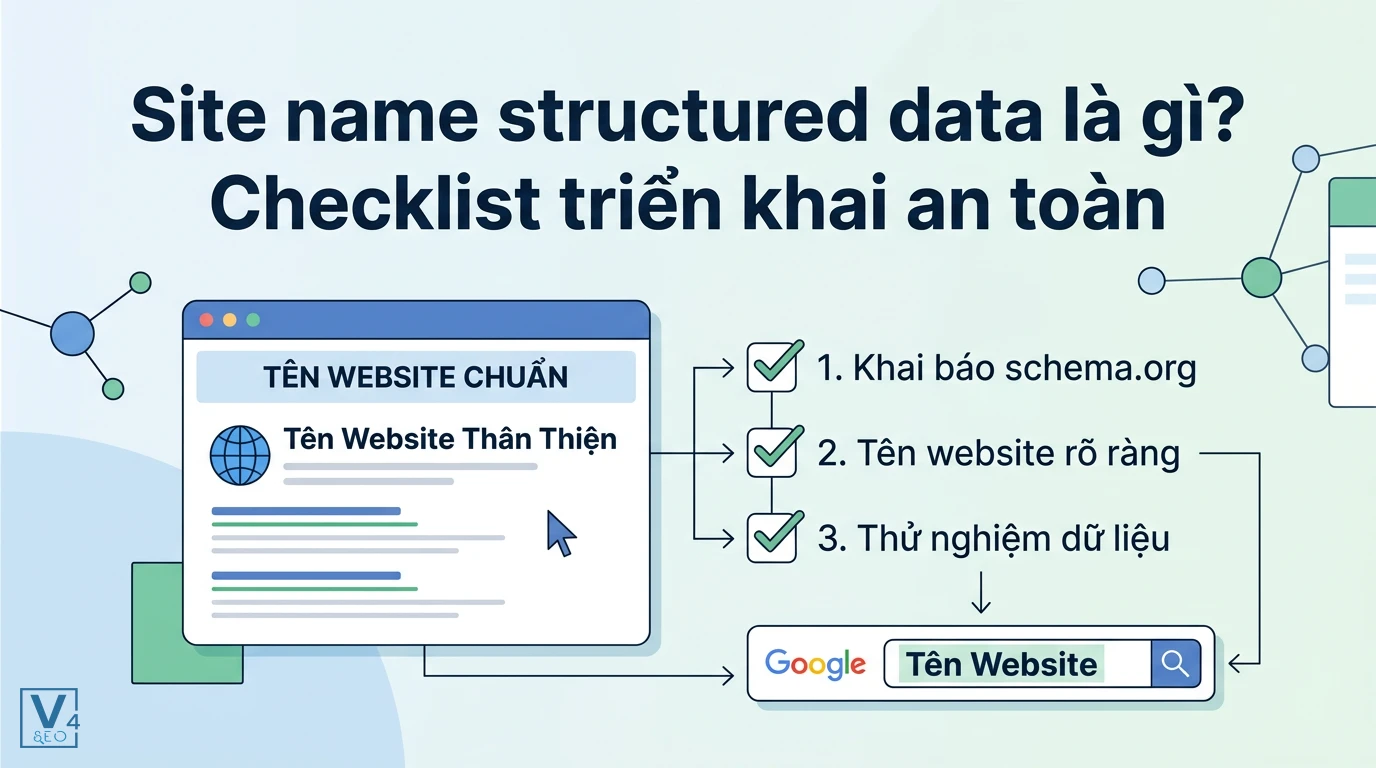 Quy trình 3 bước tối ưu site name structured data giúp hiển thị tên website chuẩn trên Google Search.
