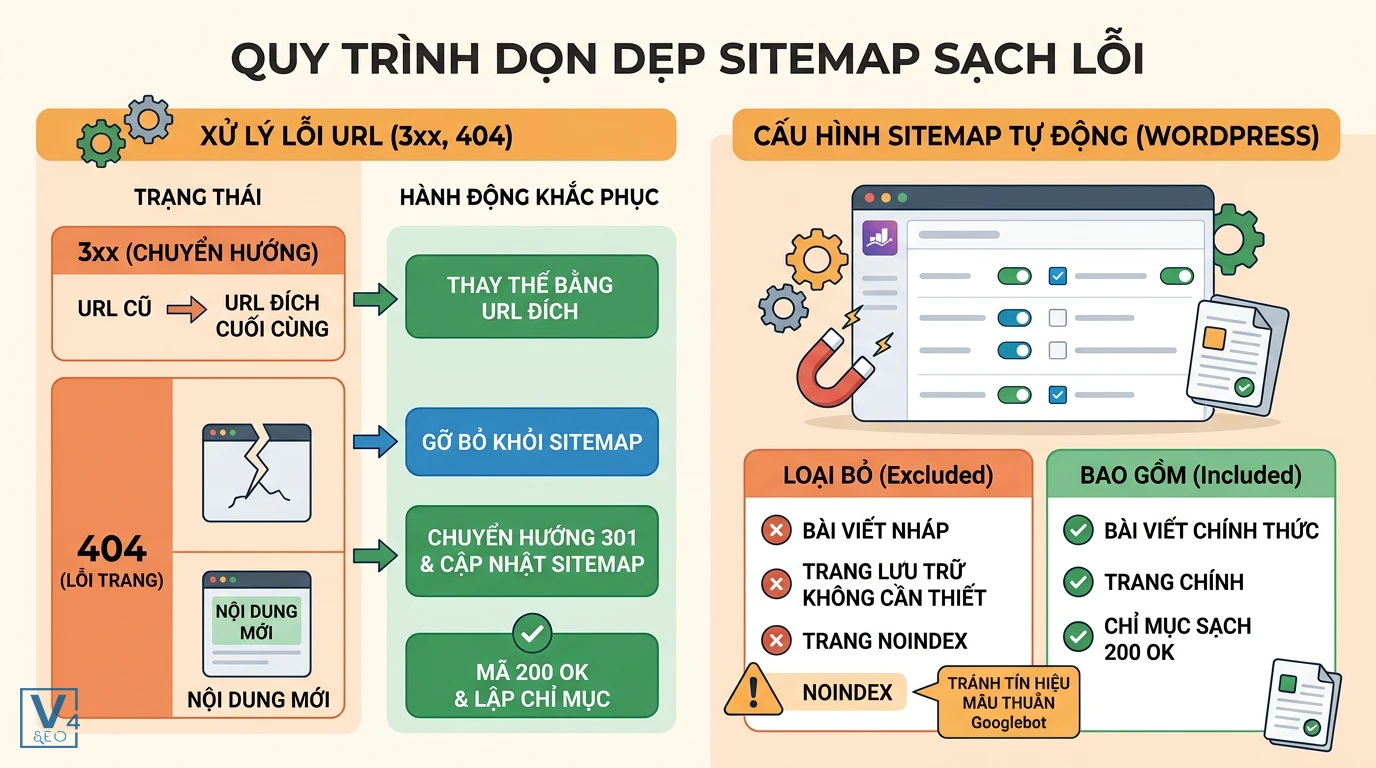 quy-trinh-don-dep-sitemap-sach-loi Quy trình dọn dẹp sitemap chứa URL không 200 bằng cách xử lý lỗi 3xx, 404 và cấu hình tự động trên WordPress.