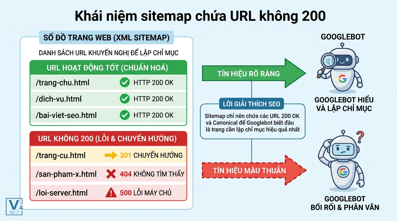khai-niem-sitemap-chua-url-khong-200 Sự khác biệt giữa sitemap chứa URL 200 OK gửi tín hiệu rõ ràng và sitemap chứa URL lỗi gây bối rối cho Googlebot.