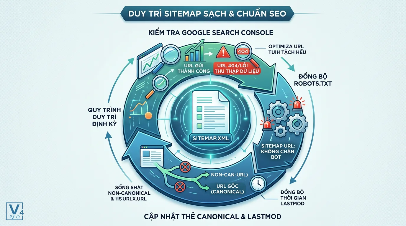 quy-trinh-duy-tri-sitemap-sach-seo Quy trình 4 bước duy trì sitemap sạch chuẩn SEO để loại bỏ sitemap chứa URL không 200.