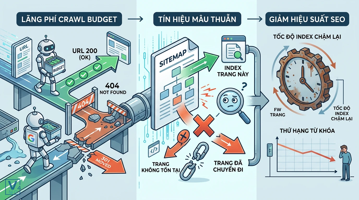 tac-hai-sitemap-chua-url-khong-200 Sơ đồ tác hại của sitemap chứa URL không 200 gây lãng phí ngân sách thu thập dữ liệu và giảm hiệu suất SEO.