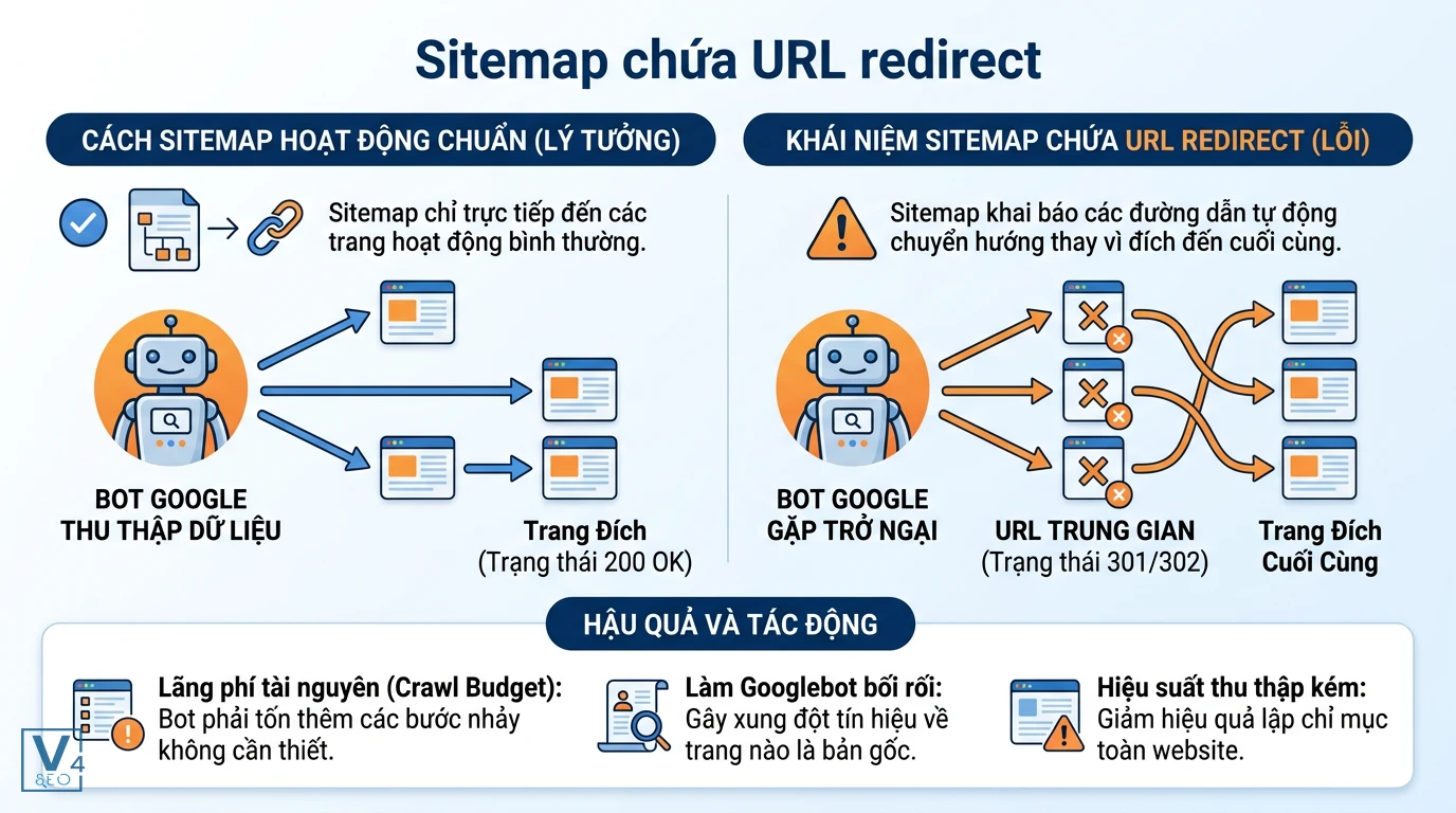 so-sanh-sitemap-chuan-va-sitemap-redirect So sánh sitemap chuẩn 200 OK và sitemap chứa URL redirect gây lãng phí ngân sách thu thập dữ liệu của Googlebot.